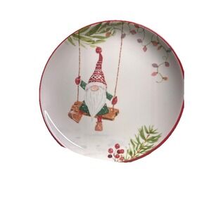 Swinging Gnome Christmas Plate Sleigh Bell Bistro Ceramic Red Trim Decor Holiday